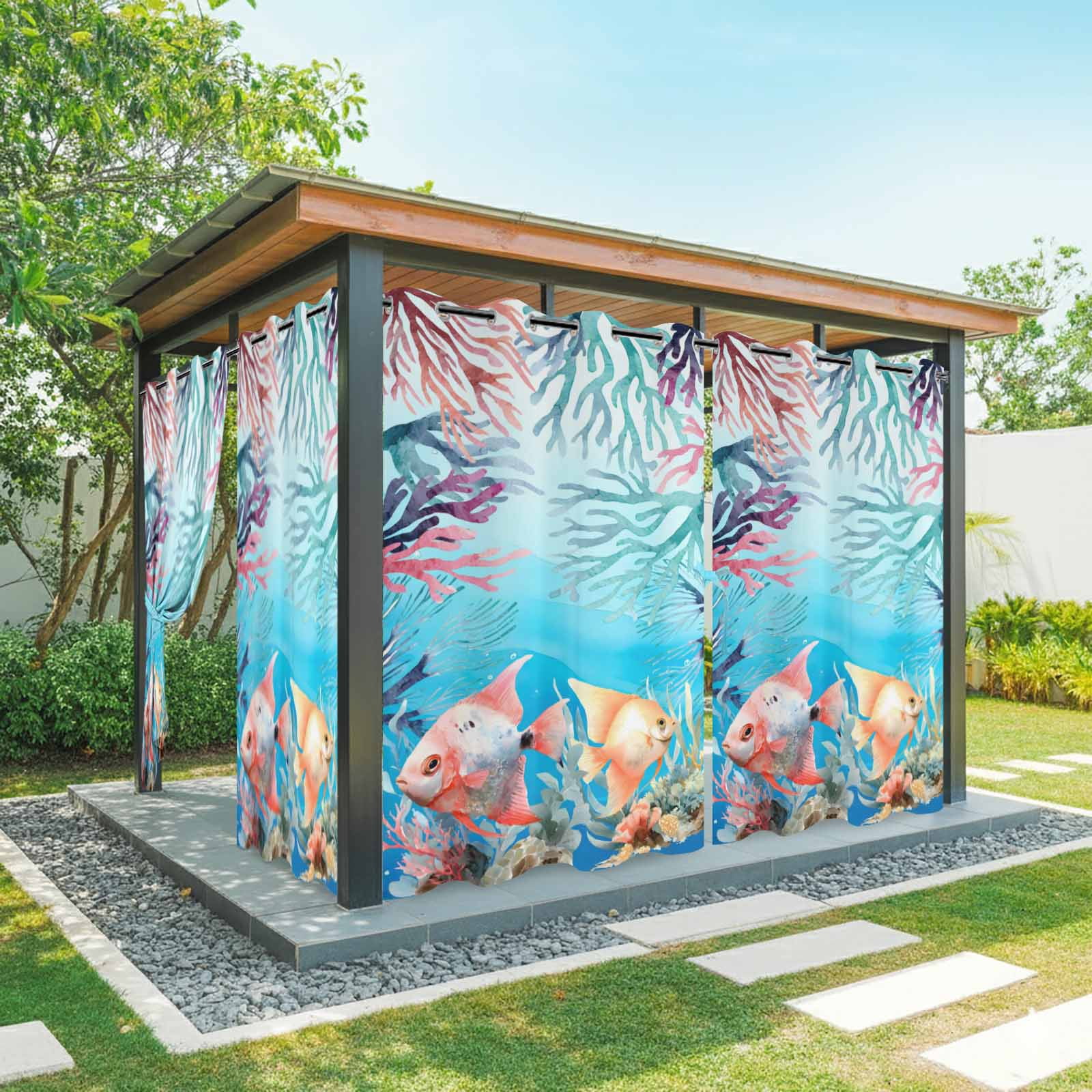 Summer Fish Outdoor Curtains for Patio, Nautical Watercolor Orange Red Blue Marine Life Coral Seaweed Sunshade Privacy Drapes Grommet Waterproof Outside Curtains for Porch Balcony 54"x108", 1 Panel