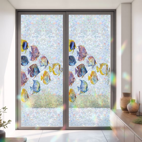 Summer Fish School Funny Window Privacy Film,Decorative Windows Static Cling Watercolor Gradient Heat Control Removable Glass Sticker for Home Bathroom Bedroom Window Door,35x79in