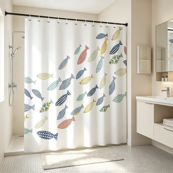 Summer Fish Shower Curtain with 12 Hooks Colorful Cartoon Marine Theme Bathroom Fabric Waterproof Washable Dacron Decorative Liner for Bathroom Toliet Decor 72.05Inch