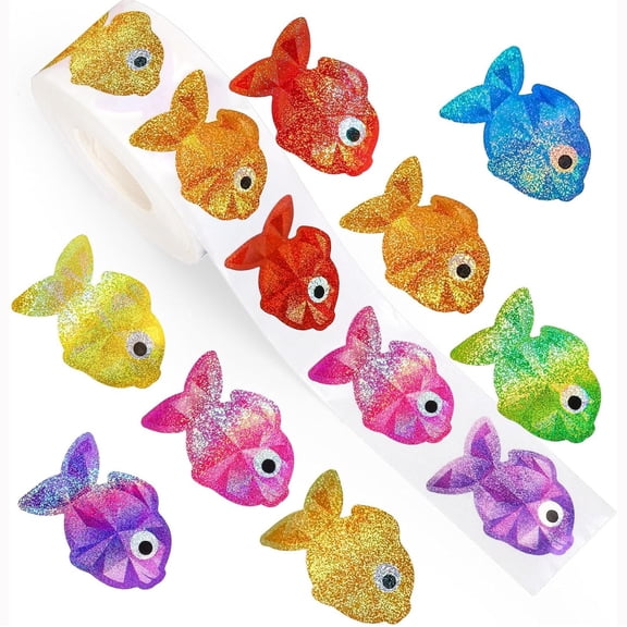 Summer Fish Stickers Roll Laser Colored Sea Creature Seal Stickers Ocean Waterproof Self-Adhesive Decals for Envelope Journal Decor Classroom Teacher Reward, 500 Pcs