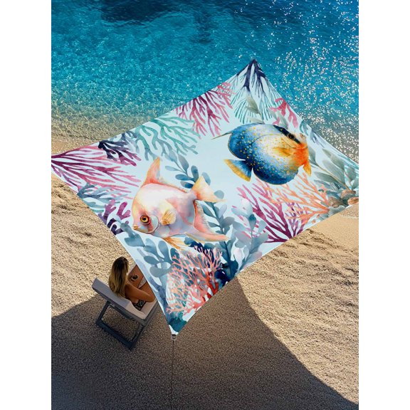 Summer Fish Sun Shade Sail 6.5' x 10', Nautical Watercolor Blue Marine Life Coral Seaweed Rectangle Outdoor Sunshade Canopy, Waterproof UV Block Patio Covers for Garden Yard Beach