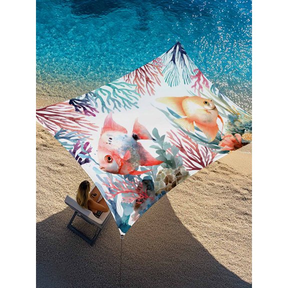 Summer Fish Sun Shade Sail 6.5' x 10', Nautical Watercolor Orange Red Marine Life Coral Rectangle Outdoor Sunshade Canopy, Waterproof UV Block Patio Covers for Garden Yard Beach