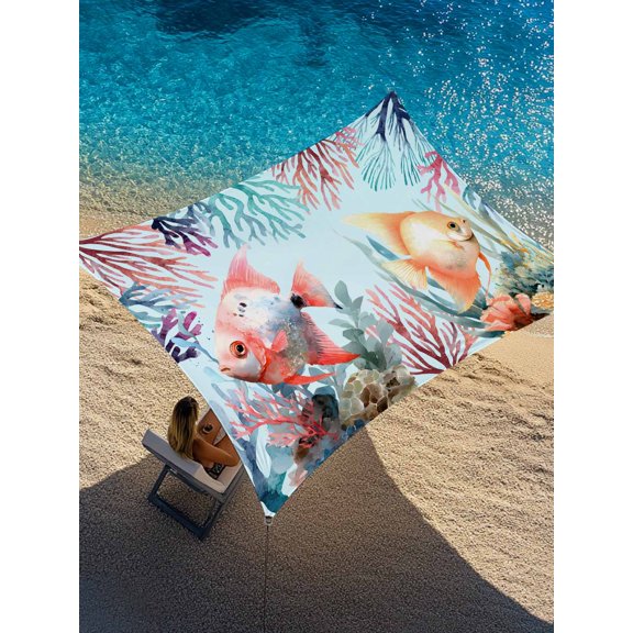 Summer Fish Sun Shade Sail 8' x 10', Nautical Watercolor Orange Red Marine Life Coral Seaweed Rectangle Outdoor Sunshade Canopy, Waterproof UV Block Patio Covers for Garden Yard Beach