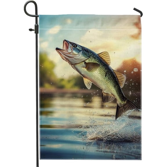 Summer Fishing Garden Flag, Country Nature Largemouth Bass Design, Double Sided Burlap Outdoor Yard Flag, Rustic Lake House Decoration, 12 x 18 Inch