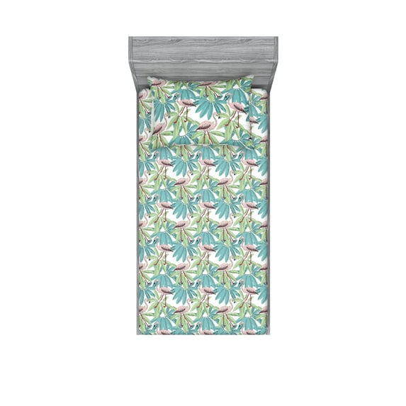 Summer Fitted Sheet & Pillow Sham Set, Flamingo Pattern with Leaves Modern Style Hawaiian Repetitive Design, Decorative Printed 2 Piece Bedding Decor, Twin, Rose Pale Green Seafoam, by Ambesonne