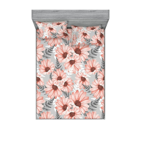 Summer Fitted Sheet & Pillow Sham Set, Neutral Colors Boho Daisy Pattern with Monochrome Leaves Greenery Art, Decorative Printed 3 Piece Bedding Decor, King, Pale Grey Pale Pink Rose, by Ambesonne