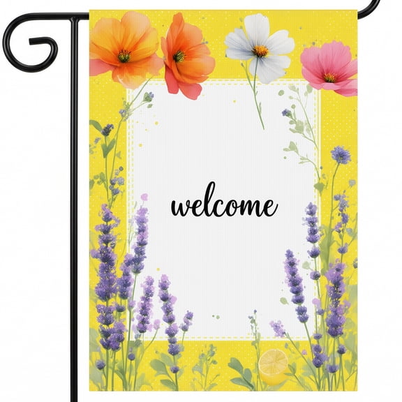 Summer Flag 28x40 Inch Vertical Banner for Front Door Entry Decor with Welcome Sign featuring Flowers and Lemons on Yellow Background Garden Decorations