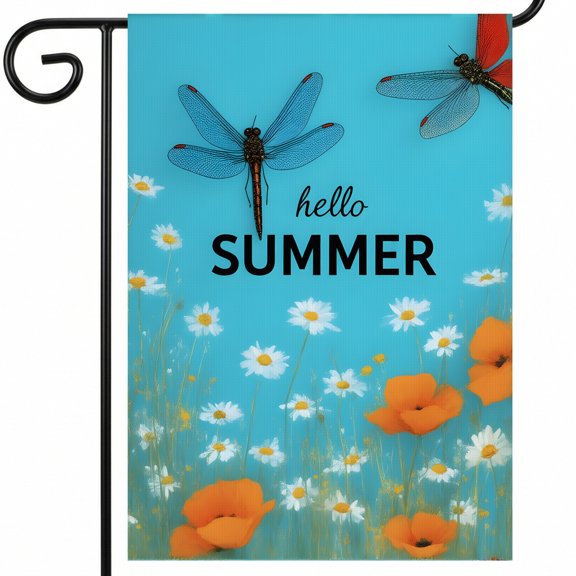 Summer Flag 28x40" for Veranda Outside Decor. Blue Background with Two Dragonflies and Daisies in Field.