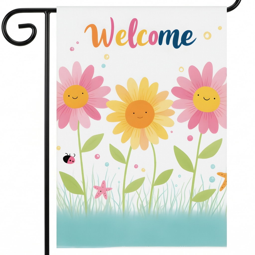Summer Flags Garden A welcome sign with three smiling flowers and a ...
