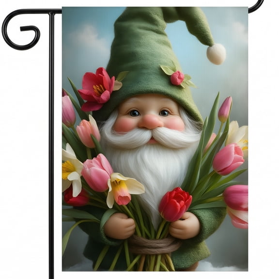Summer Flags - Gnome Holding Flowers with Summer Lawn Decorations Large 28x40 Inch Flag for Cottage Garden Accent