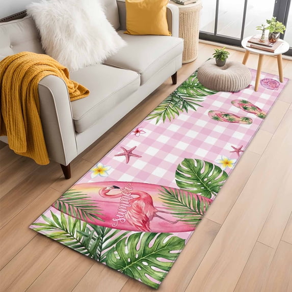 Summer Flamingo 2'x6' Runner Rugs for Hallway Kitchen Bedside Non Slip, Tropical Plants Botanical Floral Pink Plaid Entryway Rug Runners with Rubber Backing, Long Carpet Runner for Laundry Room