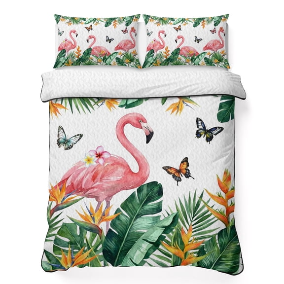 Summer Flamingo 3 Piece Quilt Bedding Set with 2 Pillow Shams, Country Watercolor Tropical Green Leaf Floral Butterfly Lightweight Bedspread Coverlet, Soft Breathable All Season Quilt, 79 x 90 Inch