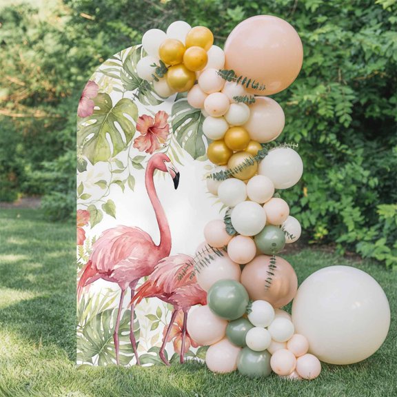 Summer Flamingo Arch Backdrop Cover 4 FT, Boho Red Tropical Animals Palm Trees Plants Wedding Arch Cover Stretchy Backdrop Stands Covers for Birthday Party Ceremony Banquet Decor