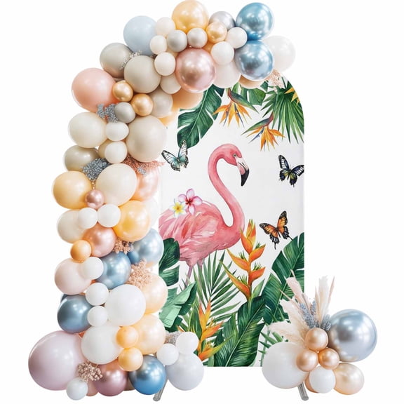 Summer Flamingo Arch Backdrop Cover 4 FT Country Watercolor Tropical Green Leaf Floral Butterfly Stretchy Arch Stand Covers Spandex Arched Background Birthday Wedding Party Decoration (No Stand)