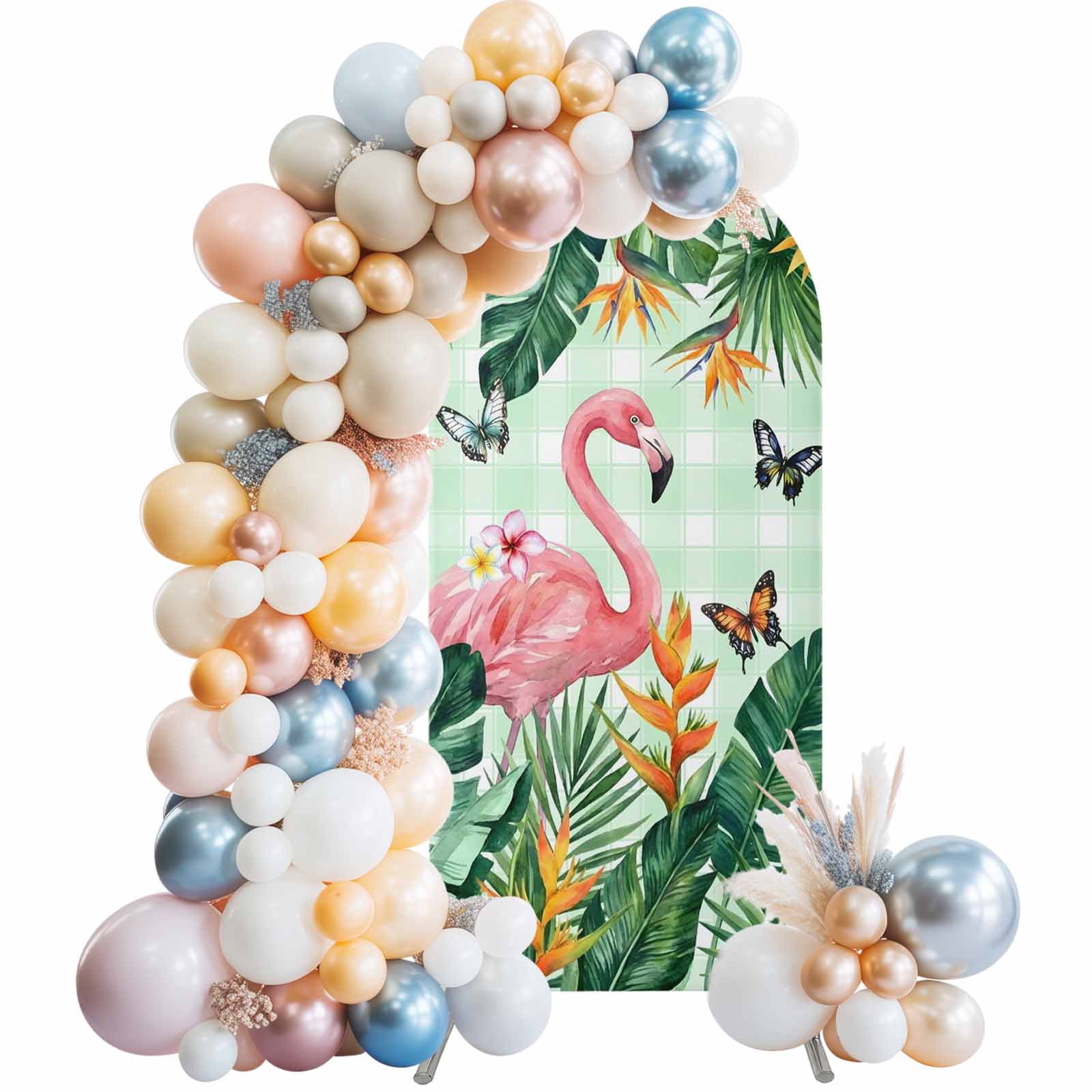 Summer Flamingo Arch Backdrop Cover 4 FT Retro Tropical Leaf Pink Flower Butterfly Green Plaid Stretchy Arch Stand Covers Spandex Arched Background Birthday Wedding Party Decoration (No Stand)