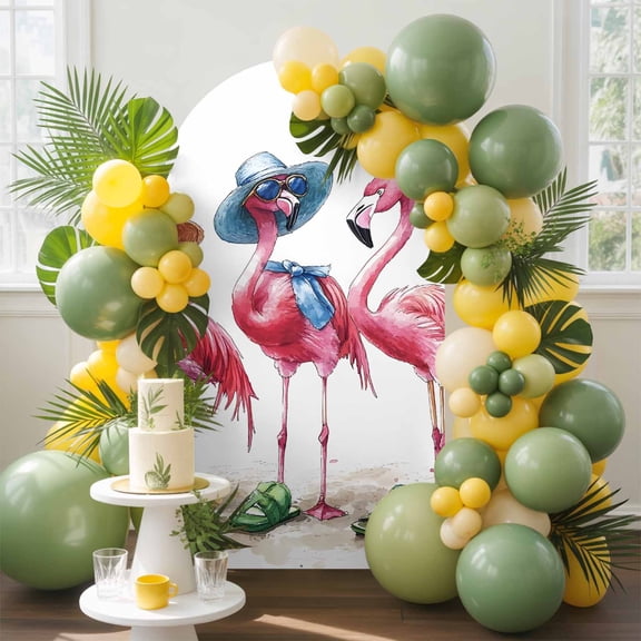 Summer Flamingo Arch Backdrop Cover, 6.6FT, Green Slippers Blue Hat Beach Ocean Spandex Arch Covers Double-Sided Backdrop for Wedding Birthday Party Photo Background Decoration