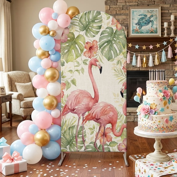 Summer Flamingo Arch Backdrop Covers 4 FT, Boho Red Tropical Animals Palm Trees Plants Linen Texture Stretchy Fitted Arched Stand Covers Party Arch Stand Cover Photo Booth for Wedding Birthday Decor