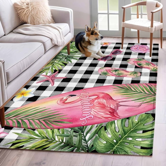 Summer Flamingo Area Rugs 3'x5', Small Throw Rugs for Living Room Bedroom, Tropical Plants Botanical Floral Black Plaid Indoor Outdoor Rug Non-Slip Low Pile Carpet Runner Reversible Floor Mats