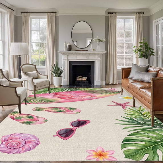 Summer Flamingo Area Rugs 6'x9', Washable Small Throw Rugs for Kitchen Dining room, Tropical Plants Botanical Floral Rustic Indoor Outdoor Rug Non-Slip Low Pile Carpet Runner Reversible Floor Mats