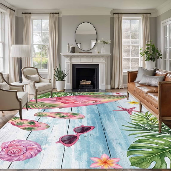 Summer Flamingo Area Rugs 8'x10', Washable Small Throw Rugs for Living Room Patio, Tropical Plants Botanical Blue Ombre Wood Indoor Outdoor Rug Non-Slip Low Pile Carpet Runner Reversible Floor Mats