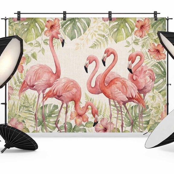 Summer Flamingo Backdrop for Photography, Boho Red Tropical Animals Palm Trees Plants Linen Texture Photo Backdrop Portrait Background Party Banner Photo Backgrounds for Studio Booth Props, 7x5ft