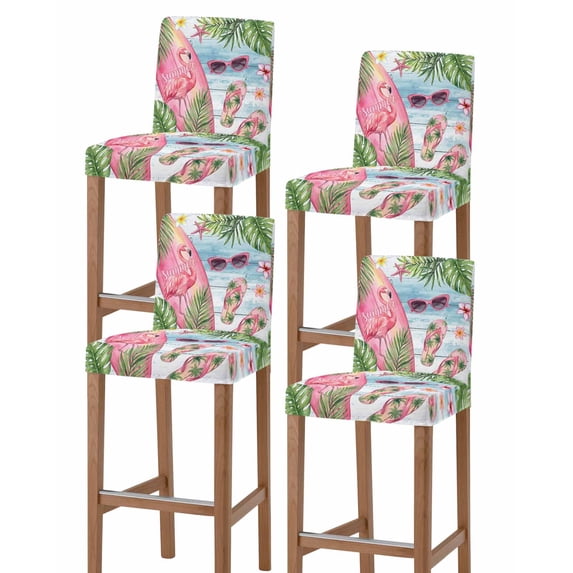 Summer Flamingo Bar Stool Covers Set of 4, Tropical Plants Botanical Blue Ombre Wood Stretch Bar Chair Covers with Backs, Removable Pub Counter Height Chair Cover for Kitchen Dining Room Cafe