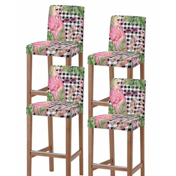 Summer Flamingo Bar Stool Covers Set of 4, Tropical Plants Botanical Floral Black Plaid Stretch Bar Chair Covers with Backs, Removable Pub Counter Height Chair Cover for Kitchen Dining Room Cafe