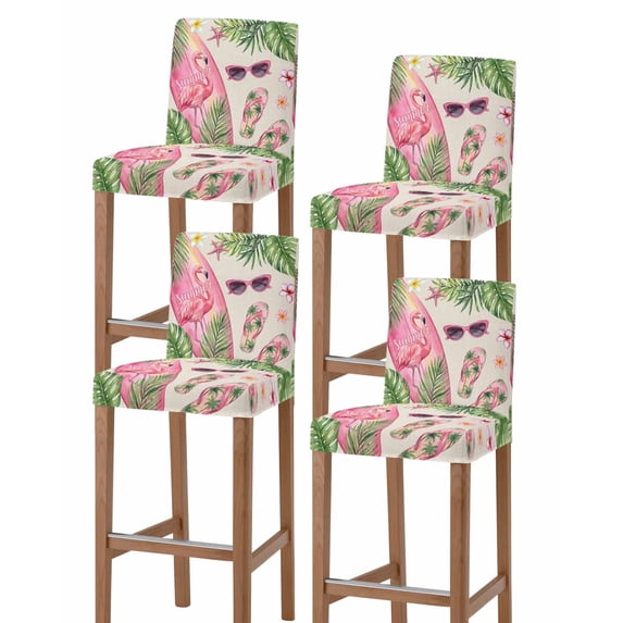 Summer Flamingo Bar Stool Covers Set of 4, Tropical Plants Botanical Floral Rustic Stretch Washable Bar Chair Covers with Backs, Removable Pub Counter Height Chair Cover for Kitchen Dining Room Cafe