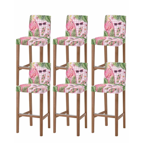 Summer Flamingo Bar Stool Covers Set of 6, Tropical Plants Botanical Floral Pink Plaid Stretch Bar Chair Covers with Backs, Removable Pub Counter Height Chair Cover for Kitchen Dining Room Cafe