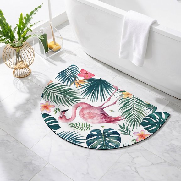 Summer Flamingo Bathroom Rug Cute Half Circle Bath Mat Non-Slip Washable Semi Circle Bath Rug Palm Leaves Floral Tropical Botanical Floor Mat for Bathroom Kitchen Bedroom Shower Decor 16"x24"
