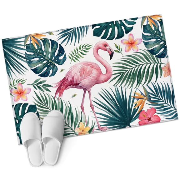 Summer Flamingo Bathroom Rug Washable 2x3 Entryway Rug Non Slip Palm Leaves Floral Tropical Botanical Front Door Mat Low Pile Indoor Doormat Throw Floor Carpet for Kitchen Bedroom Entrance