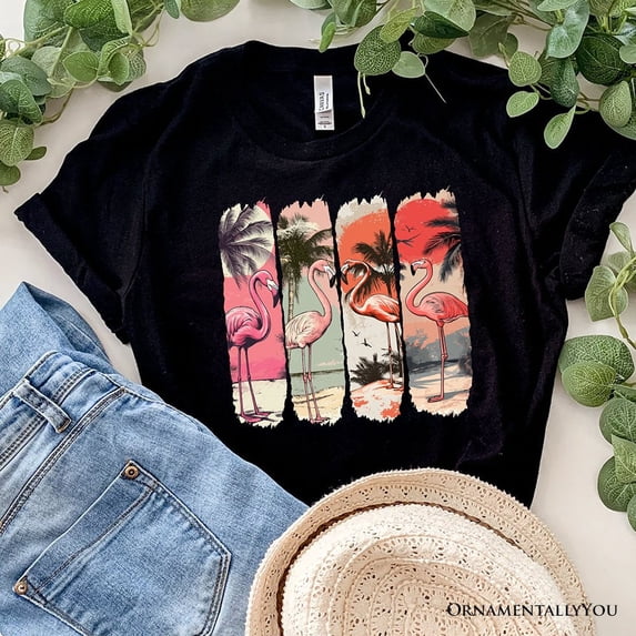 Summer Flamingo Beach T-Shirt, Retro Vacation Black Tropical Sunset Tee