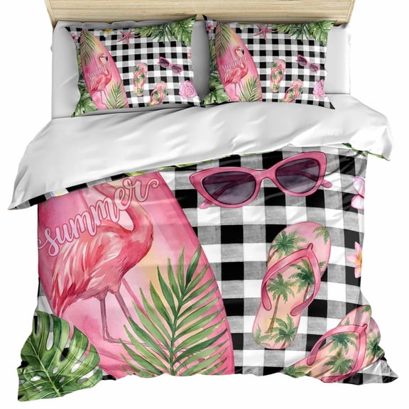 Summer Flamingo Bedding 3 Piece Duvet Cover Set Full Size, Tropical Plants Botanical Floral Black Plaid Microfiber Comforter Cover with Zipper Closure & Pillowcases, FadeResistant Quilt Cover