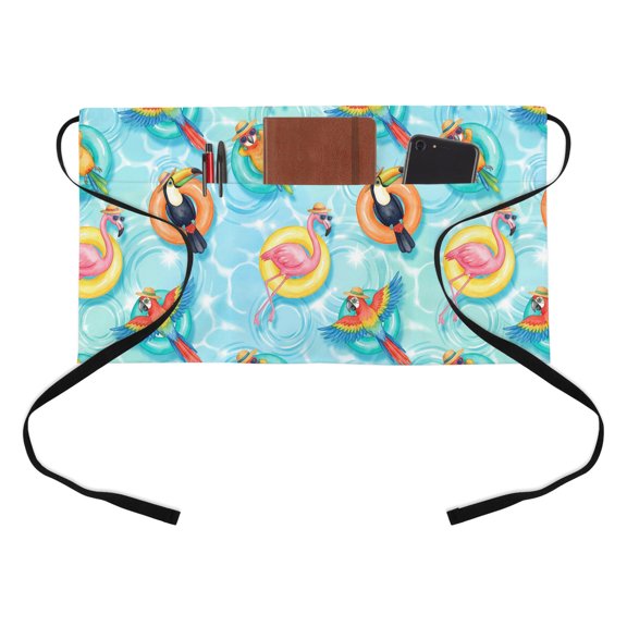 Summer Flamingo Bird Kitchen Restaurant Half Waist Apron, Coastal Tropical Pink Blue Yellow Pool Party Server Short Apron with 3 Pockets Waterproof Oil Waist Aprons for Women Waitress Waiter