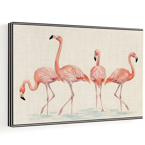Summer Flamingo Canvas Wall Art 10" x 8" Red Tropical Beige Linen Texture Line Border Frame Picture Prints, Ready to Hang Waterproof Artwork Decor for Bathroom, Kitchen Small Wall Spaces