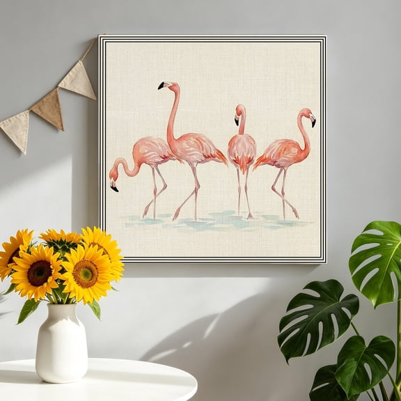 Summer Flamingo Canvas Wall Art Framed Wall Decor for Living Room Bedroom Bathroom, Red Tropical Animals Beige Linen Texture Line Border Canvas Pictures Ready to Hang Decor, 8"x8"