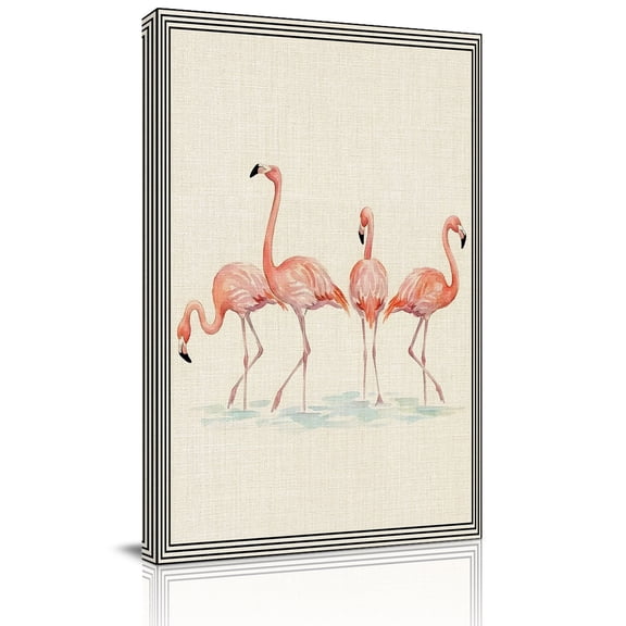 Summer Flamingo Canvas Wall Art for Living Room, Red Tropical Animals Beige Linen Texture Line Border Poster Print Painting for Bedroom Office Home Decoration Wall Pictures Prepare To Hang 10"x10"