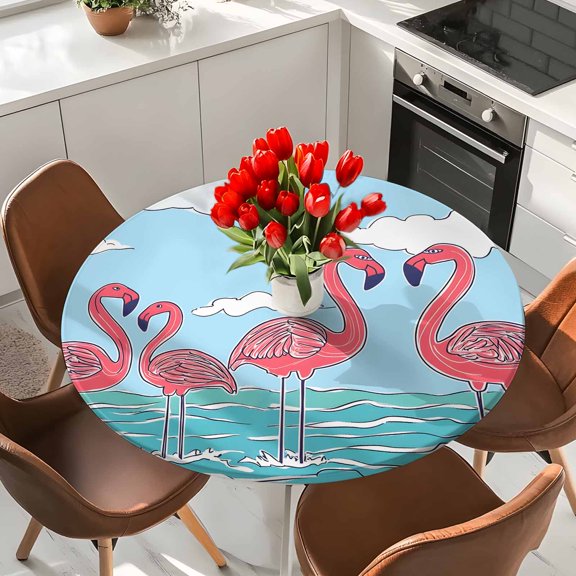 Summer Flamingo Cartoon Style Round Fitted Tablecloth with Elastic Edge,Waterproof Table Cloth Fits Tables Up to 36"-44",Wipeable Washable Table Cover for Dinning Party,Blue Ocean Water Ripple