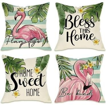 Summer Flamingo Decorative Throw Pillow Covers 18 x 18 Set of 4, Pink Bird Tropical Palm Leaves Flower Porch Patio Outdoor Pillowcase, Bless This Home Sweet Home Stripes Cushion Case Decor