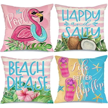 Summer Flamingo Decorative Throw Pillow Covers 18 x 18 Set of 4, Pink Bird Tropical Palm Leaves Flower Porch Patio Outdoor Pillowcase, Bless This Home Sweet Home Stripes Cushion Case Decor