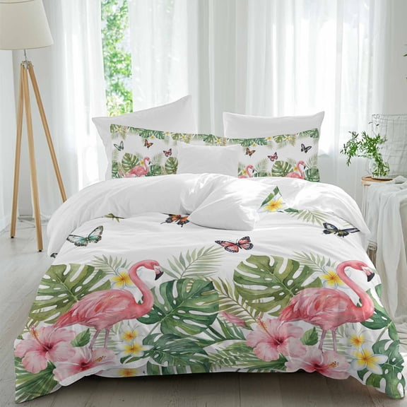 Summer Flamingo Duvet Cover Set Cal King Size, Country Watercolor Tropical Leaf Pink Flower Butterfly 4 Pcs Bedding Set with Zipper Closure & Corner Ties Soft Breathable Comforter Cover for Bedroom