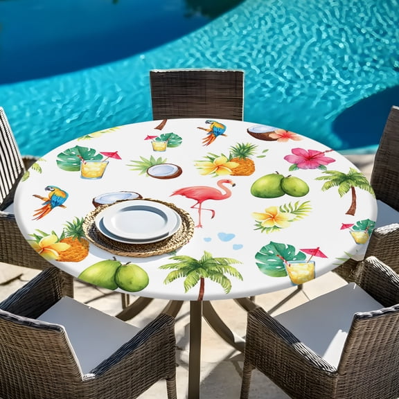 Summer Flamingo Flower Coconut Pineapple Round Fitted Tablecloth with Elastic Edge,Waterproof Table Cloth Fits 45"-54" Tables,Wipeable Table Cover for Indoor Outdoor Dinning,Tropical Fruit Plant
