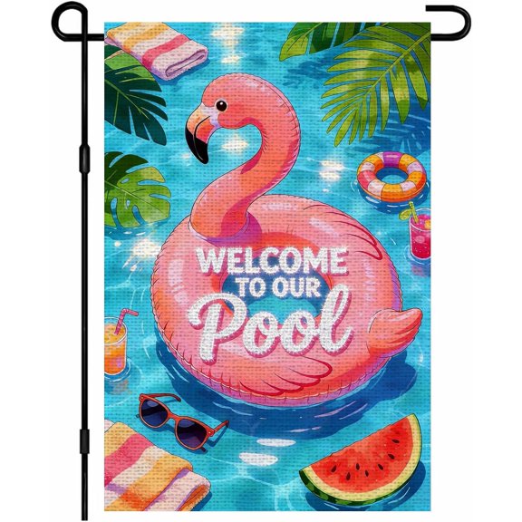 Summer Flamingo Garden Flag 12 x 18 Inch Welcome to Our Pool Yard Flag Double Sided Decorative Burlap Summer Beach Swimming pool Flags For Home Outdoor Yard Patio Lawn Outside Decorations Flags