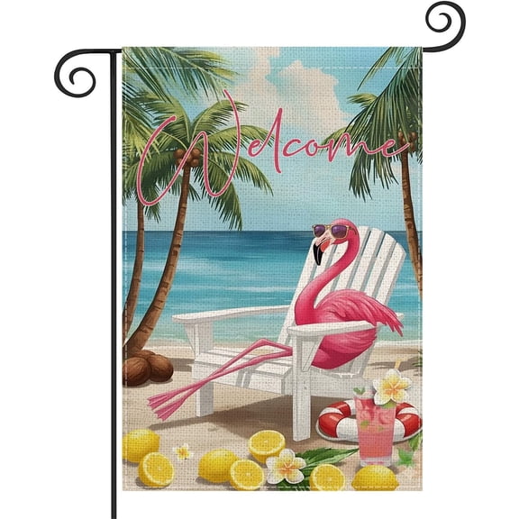 Summer Flamingo Garden Flag 12x18 Inch Double Sided Tropical Beach Welcome Yard Flag, Pink Bird Palm Trees Lemon Seasonal Decorative Outdoor Flag for Home Farmhouse Lawn Patio Decor