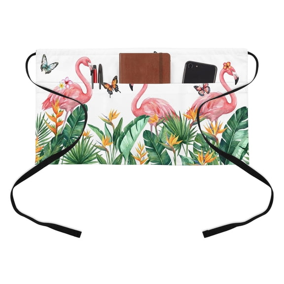 Summer Flamingo Half Waist Apron Country Watercolor Tropical Green Leaf Floral Butterfly Short Waiter Aprons with 3 Pockets for Women Men Kitchen Restaurant Cooking