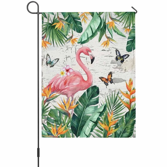 Summer Flamingo House Flag 28 x 40 Inches, Country Retro Tropical Green Leaf Pink Floral Butterfly Weather Proof Outdoor Patio Flags Double Sided Small House Decoration for Yard Lawn Outside Home