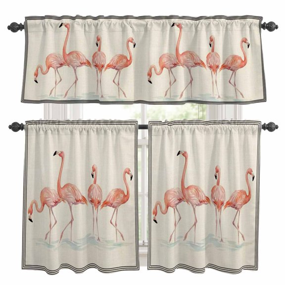 Summer Flamingo Kitchen Curtains and Valances Set, Red Tropical Animals Beige Linen Line Border Rod Pocket Window Valance Window Curtain Panels for Living Room Bedroom Laundry, 27.5x36in, 3 Pieces