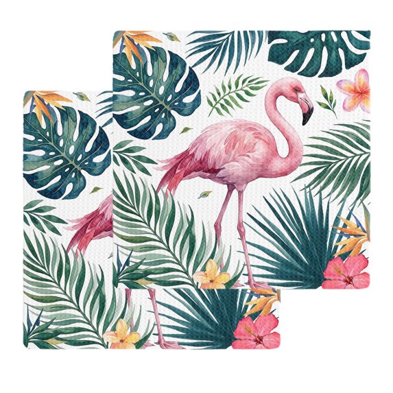 Summer Flamingo Kitchen Dish Towels for Drying Dishes Set of 2, Palm Leaves Floral Tropical Botanical Waffle Weave Microfiber Hand Tea Bathroom Towels Quick Dry & Absorbent Towel 12x12