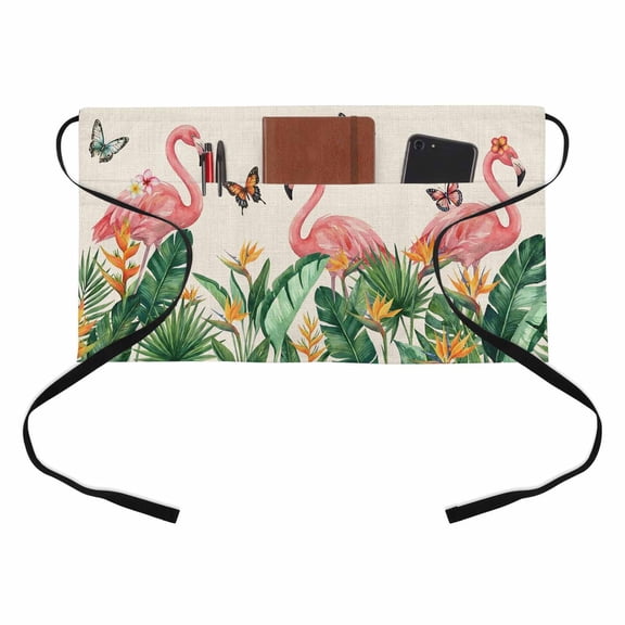 Summer Flamingo Kitchen Restaurant Half Waist Apron, Country Vintage Tropical Green Leaf Pink Floral Butterfly Server Short Apron with 3 Pockets Waterproof Oil Waist Aprons for Women Waitress Waiter