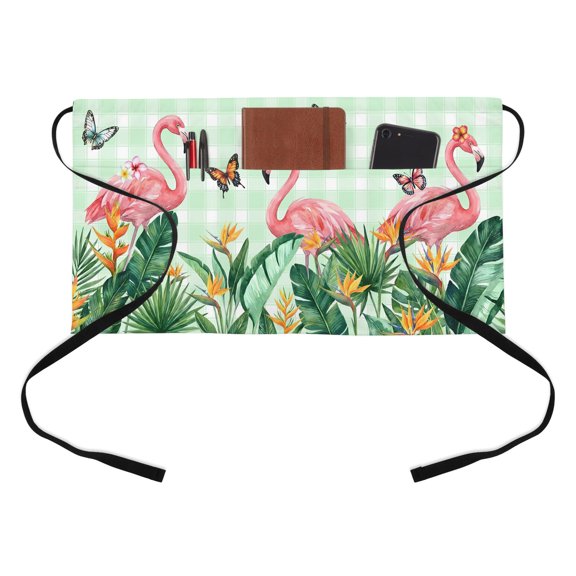 Summer Flamingo Kitchen Restaurant Half Waist Apron, Retro Tropical Leaf Pink Flower Butterfly Green Plaid Server Short Apron with 3 Pockets Waterproof Oil Waist Aprons for Women Waitress Waiter